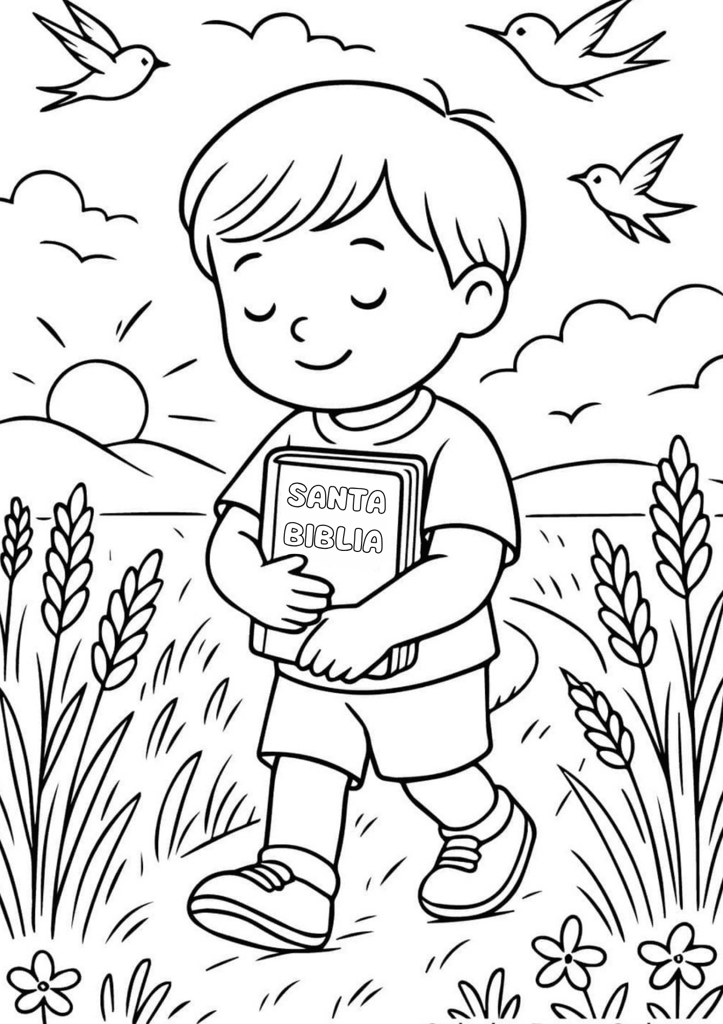 Dibujo bíblico: niño con la Santa Biblia