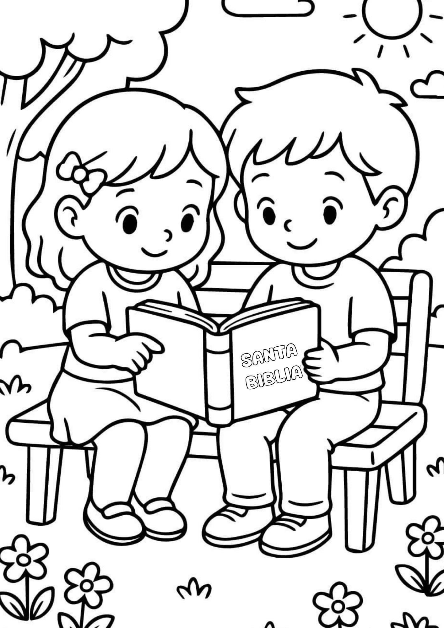 Dibujo bíblico: niños leyendo la Biblia
